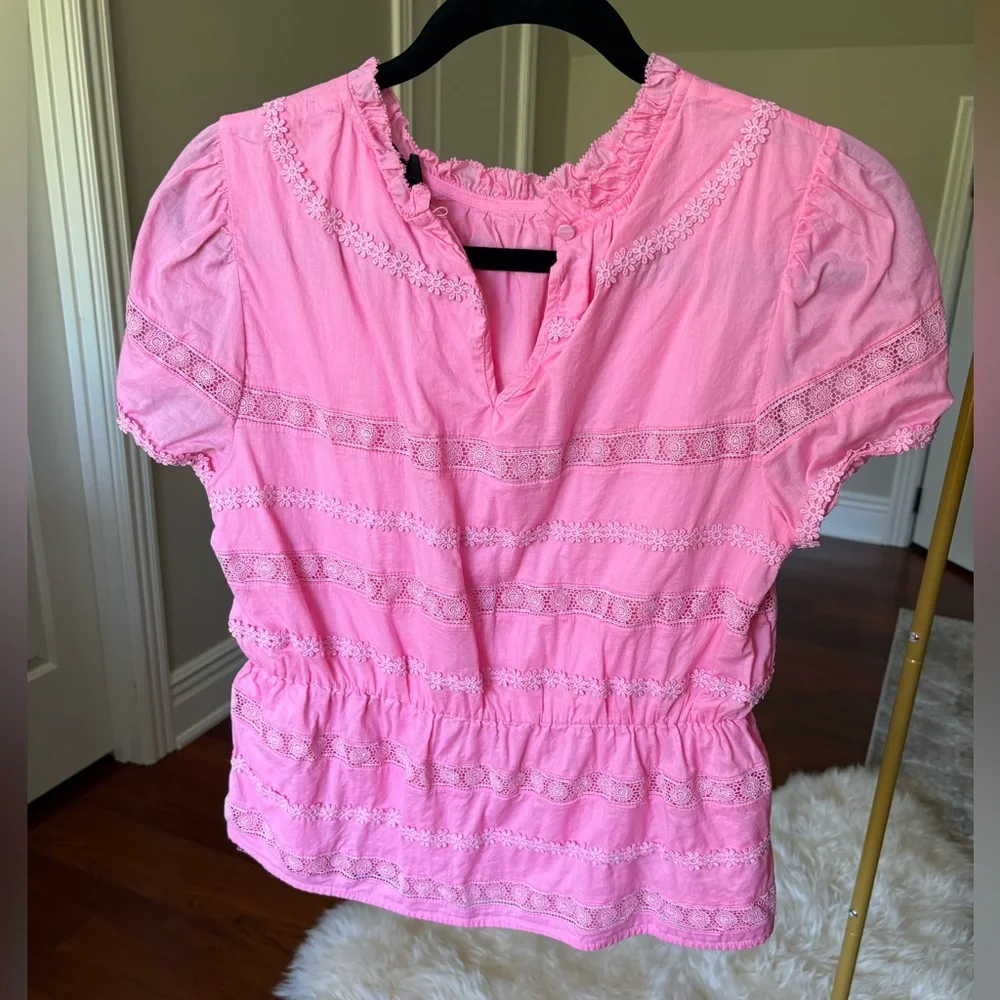 J. Crew Pink Short-Sleeve Lace-Trim Blouse - Size Small